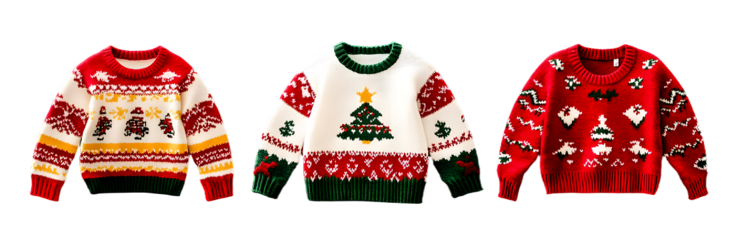 Set of three Christmas ugly sweaters over isolated transparent background