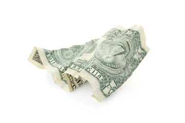 One crumpled dollar banknote isolated on white