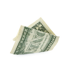 One crumpled dollar banknote isolated on white