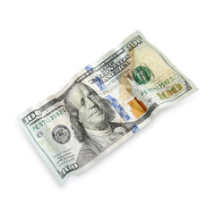 One crumpled dollar banknote isolated on white, top view