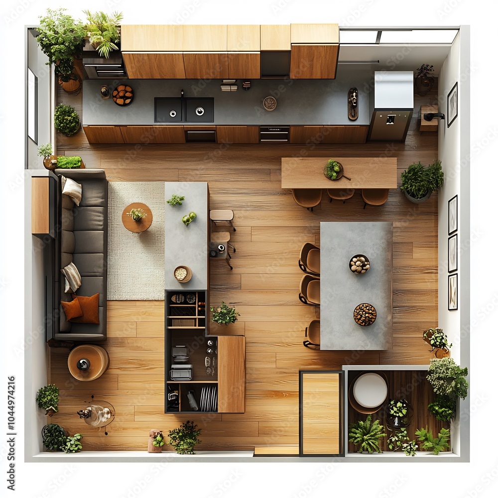 Poster top view 3d render of kitchen layout with a central island open shelving and a large fridge detailed