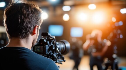 A camera operator focuses on capturing content in a well-lit studio, conveying dedication and technical skill in a professional media production setting.