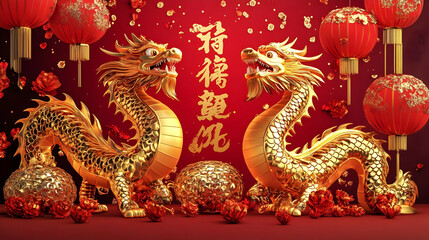 Obraz premium Golden Dragon Statues 3D Illustration