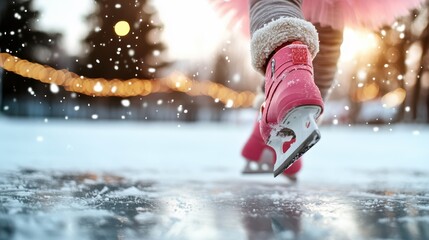 A child wearing pink ice skates glides gracefully on an outdoor ice rink under gently falling snowflakes, illustrating joy and carefree moments of wintertime.