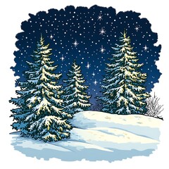 Obraz premium Snowy pine trees under a starry night sky in a serene winter landscape