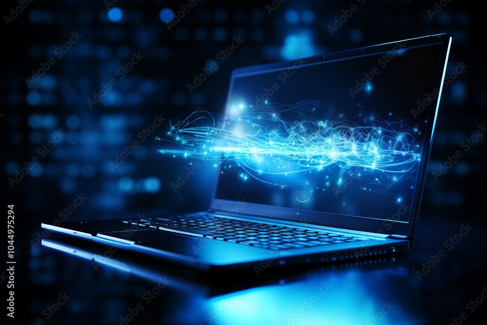Poster modern laptop screen displaying digital connections and data flow in a futuristic setting