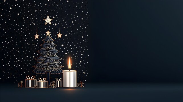 Elegant and sophisticated Art Deco inspired Christmas card design featuring a line art composition of a candle tree and star on a rich navy blue background  This graphic is perfect for holiday covers