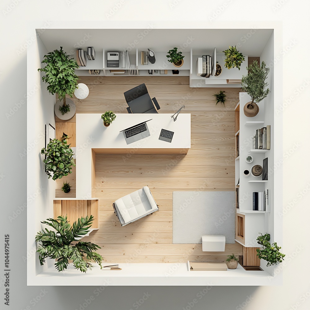 Poster top view 3d render of minimalist study room featuring a white desk simple chair and floating shelves