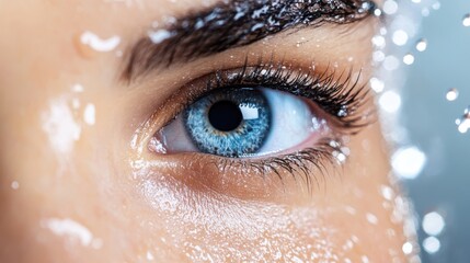 An intense macro photograph of an eye with icy blue tones, detailed with water droplets, representing a cool, introspective, and mesmerizing view of vision.