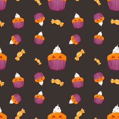 Seamless pattern, Cute Background and Wallpaper in hand drawn style : Halloween cupcakes