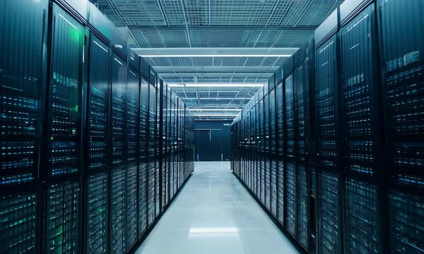 High-tech server room with rows of data racks and advanced technology infrastructure in a secure facility