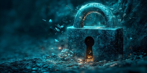 Broken padlock with shattered pieces flying, symbolizing an email security breach, dark background, glowing red highlights, cyber threat emphasis