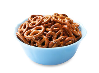Delicious pretzel crackers in bowl isolated on white