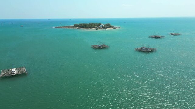 Remote Luxury Umang Island Surrounded By Bamboo Fishing Huts In Banten Indonesia 4K 60FPS