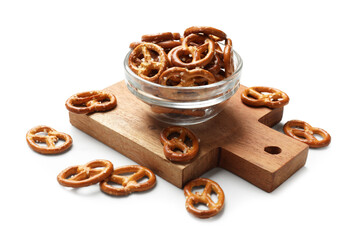Delicious salty pretzel crackers on white table