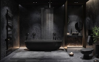 Bathroom interior design with matte black bath and modern