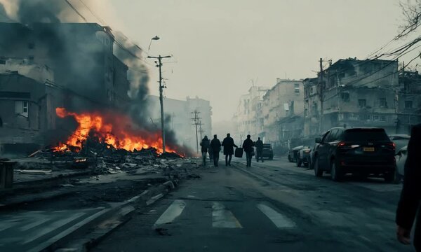 Abandoned urban street with burning debris, damaged buildings, and people walking among ruins in a post-apocalyptic setting