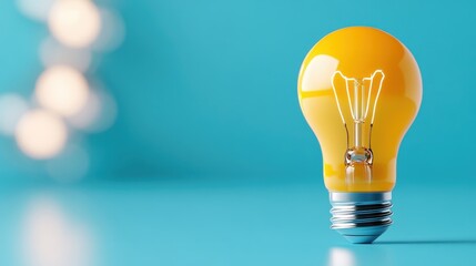 A bright yellow bulb shines alone on an aqua background, embodying simplicity, ideas, and artistic design, representing creativity and modern aesthetics.