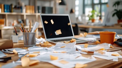 A vibrant workspace featuring a laptop surrounded by flying post-it notes, capturing the dynamic and fluid nature of modern digital work environments.
