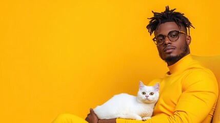 A stylish man wearing yellow, sitting with a calm white cat in a modern setting, juxtaposed against a vibrant yellow background, exuding contemporary aesthetics.