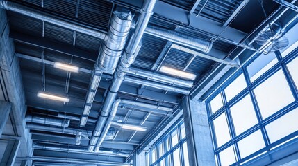 Fototapeta premium Modern Industrial Ceiling with Pipes and Windows