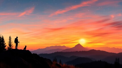 Silhouetted against a stunning sunset, a dog and its owner enjoy a tranquil moment atop a mountain, symbolizing companionship and the beauty of nature's vistas.