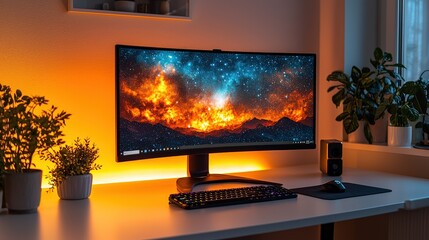 Fototapeta premium Minimalist workspace on a white table, featuring a desktop monitor, sleek keyboard, and a minimalist design, bathed in soft lighting.