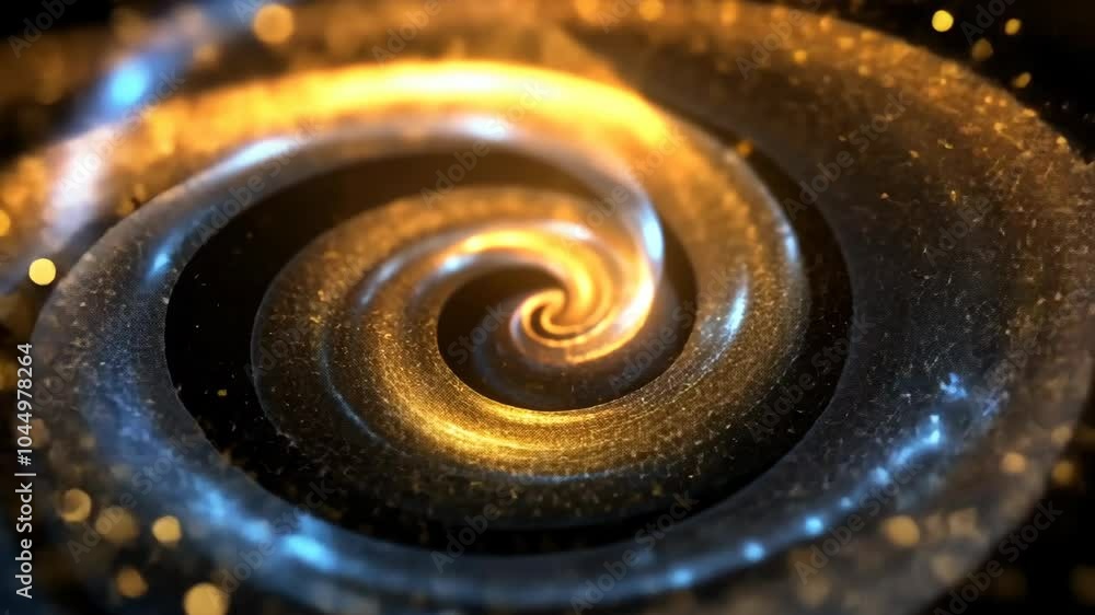 Poster a golden spiral of light spins outwards on a black background, creating a mesmerizing pattern