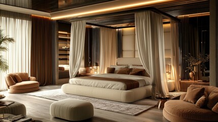 Modern canopy bed with soft drapery in a stylish, minimalist master bedroom with luxurious touches and soothing neutral colors.