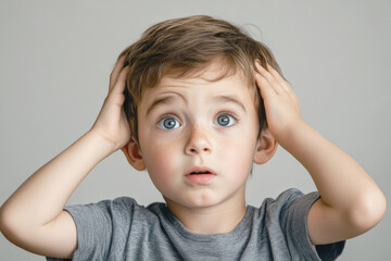 Surprised young boy with hands on his head, wide-eyed expression

