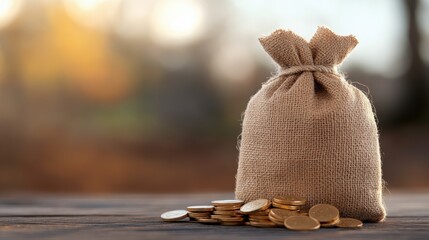 A burlap sack is closed tightly on top, with gold coins scattered at its base, depicting abundance, security, or wealth, situated against a subdued background.