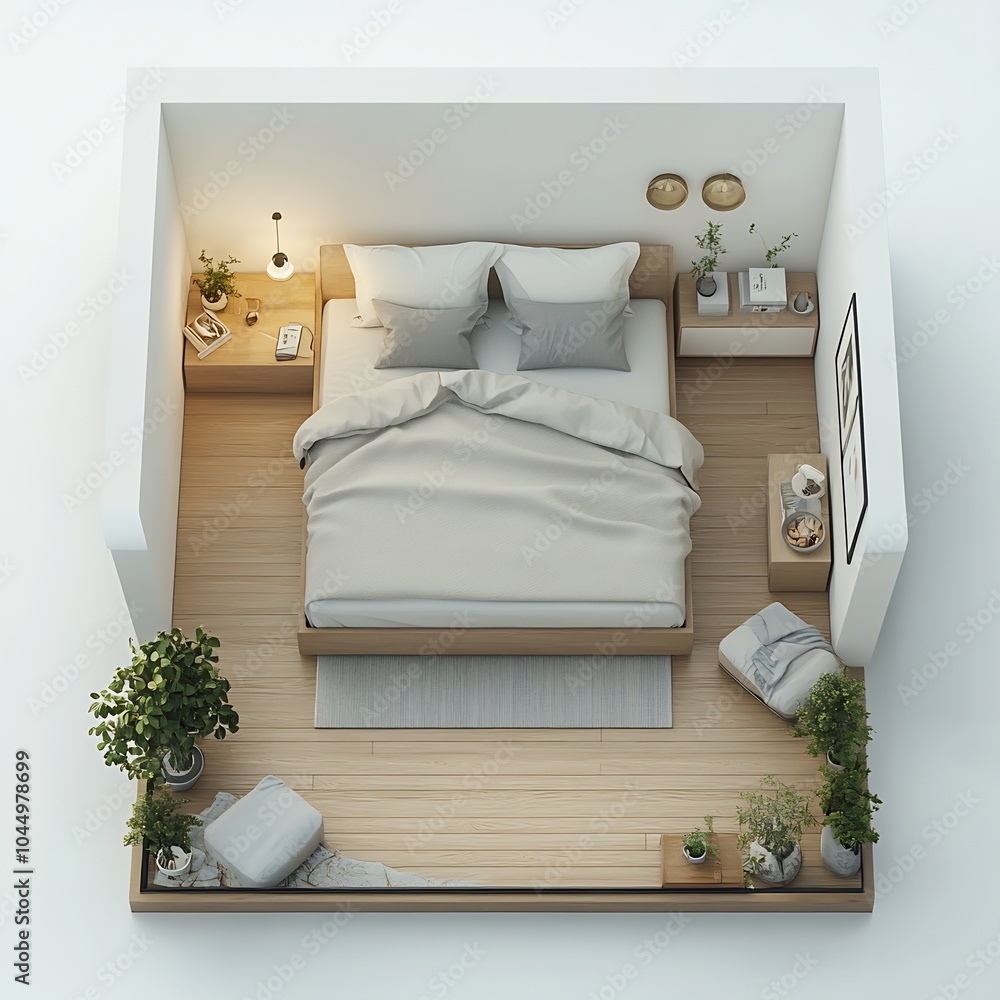 Poster top view 3d render of minimalist bedroom featuring a lowprofile platform bed and simple furniture ar