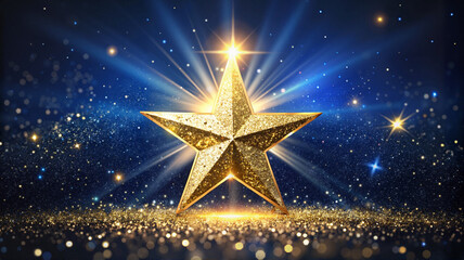  Shining golden star with bright lights on blue glittering background