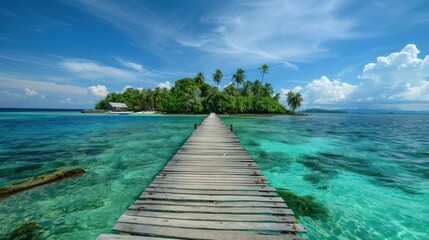 Obraz premium Tropical Paradise: Wooden Pier Leading to a Lush Island