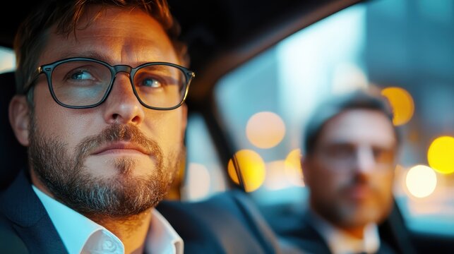 A thoughtful man in a car, looking out the window with a serious expression. The golden city lights form a beautiful bokeh in the window reflection behind him.