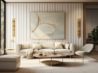 Living room interior in modern minimalist style with wooden panneling. Neutral and light colors interior with wood wall panels, bronze metallic accent decor and large artwork. Wood panneling walls. 