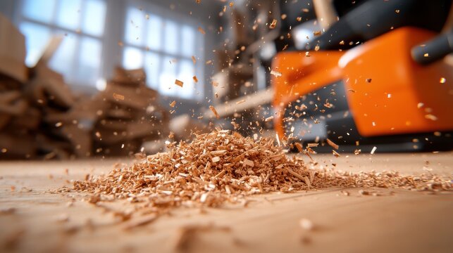 An energetic sawing process generates a cascade of shavings, capturing the strength and vigor of the carpenter, as sunlight filters through the workshop window.