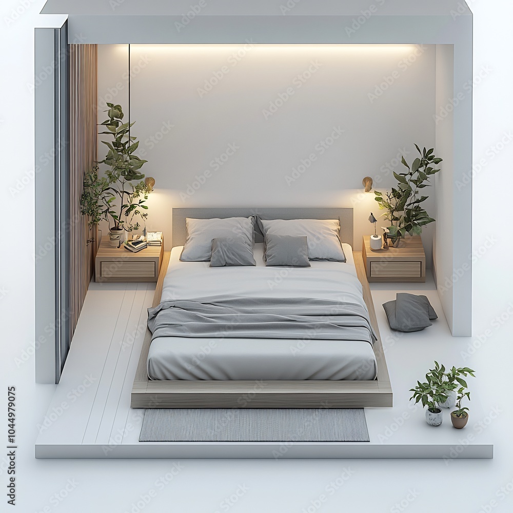 Poster top view 3d render of minimalist bedroom featuring a lowprofile platform bed and simple furniture ar