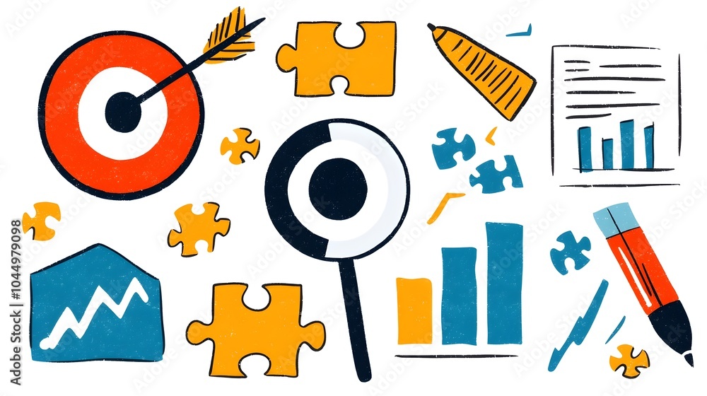 Poster Doodle sketch icons of various business related elements like target puzzle chart and teamwork in a hand drawn style  This creative can be used for career office or corporate themed concepts designs