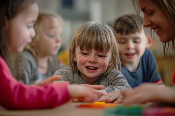 Fototapeta premium a teacher interacting with children with Down syndrome during a group learning activity