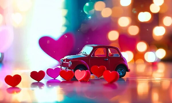Vintage red car surrounded by heart decorations in a romantic setting with blurred bokeh lights