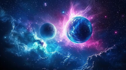 Pastel star clusters shimmering in a cosmic void, with planets glowing in soft blues and pinks.