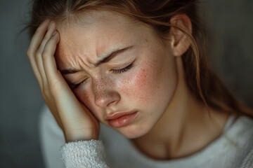 Young woman closing her eyes in pain, holding her forehead with her hand
