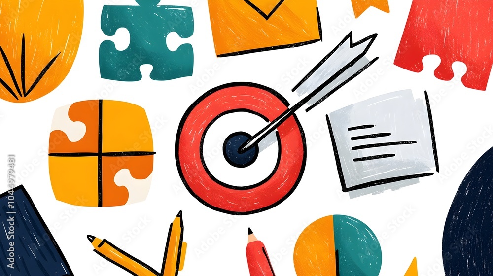 Poster Hand drawn doodle style business icons set with sketches of target puzzle teamwork and finance symbols representing career strategy corporate planning and office work concepts