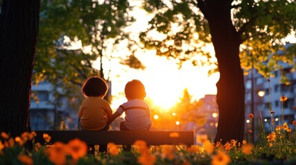 Two children sit on a bench in a park with blooming flowers, gazing at the captivating sunset that paints the sky in a blend of warm and vivid colors.