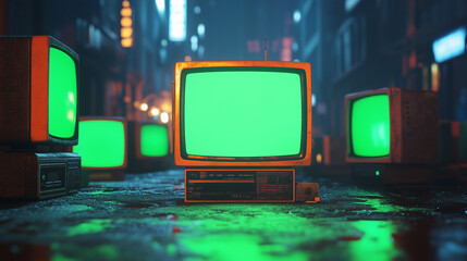 Vintage TV Set With Green Screen In A Gritty City Street Futuristic Retrofuturistic Vibe