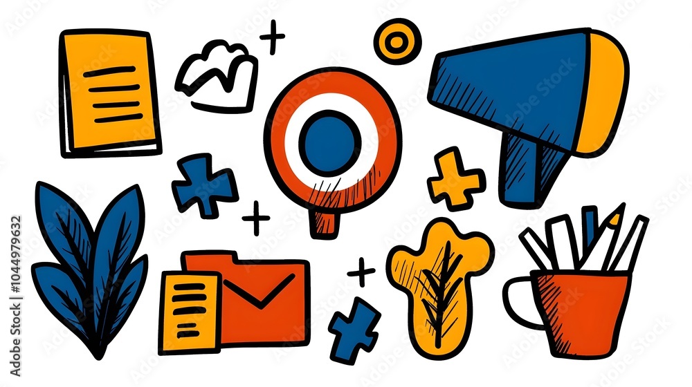 Poster creative hand drawn business icon set with doodle style sketches of target puzzle teamwork and finan