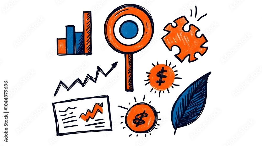 Aufkleber hand drawn business office icons with doodle style sketches of a target puzzle chart and finance symbols representing concepts of career planning teamwork strategy and corporate success