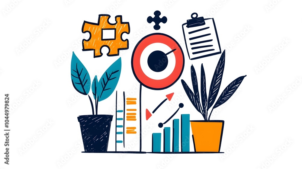 Poster Stylized Hand Drawn Business Office Icons with Doodle Sketches of Target Puzzle Chart and Finance Elements Representing the Concept of Career and Teamwork Strategy in the Workspace