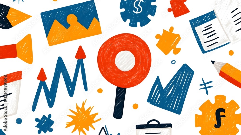 Poster Hand drawn business office icons in a doodle style sketch format featuring symbols like target puzzle chart and finance elements representing the concepts of career teamwork